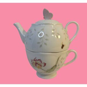 Lenox Butterfly Meadow Individual Stackable Porcelain Teapot & Lid With Teacup